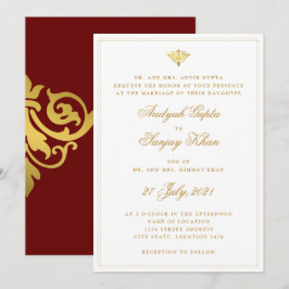 Invitación Elegante Boda indio de oro rojo borgoñés