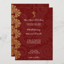 Invitación Elegante Boda indio de oro y ganesha roja