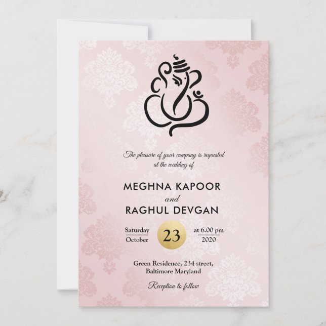 Invitación Elegante Boda indio de Rubor Rosa Damask Ganesha (Anverso)