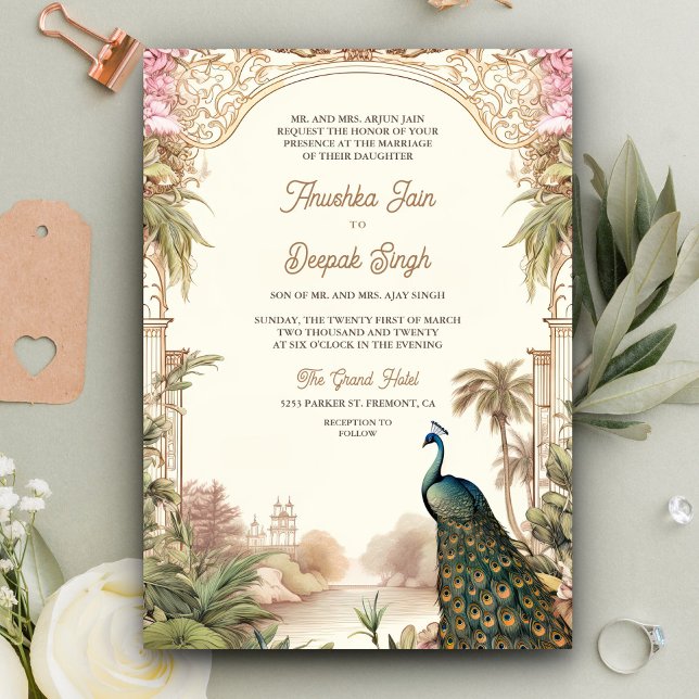 Invitación Elegante Boda indio del Viñage Peacock Garden (Subido por el creador)