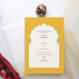 Invitación Elegante boda indio en arco amarillo Haldi Ceremon