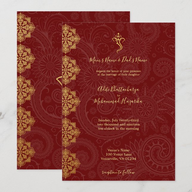 Invitación Elegante Boda indio Gold y Red Ganesha (Anverso / Reverso)
