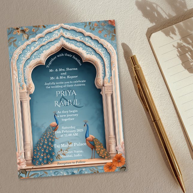 Invitación Elegante Boda indio ornato de pavos reales de la I (blue indian arch with two peacocks wedding invitation)