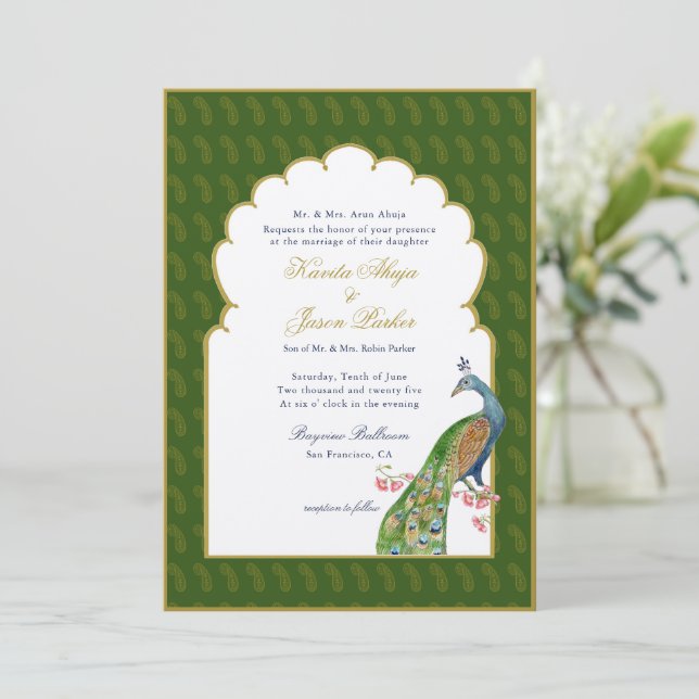 Invitación Elegante boda indio pavo real verde oscuro (Anverso de pie)