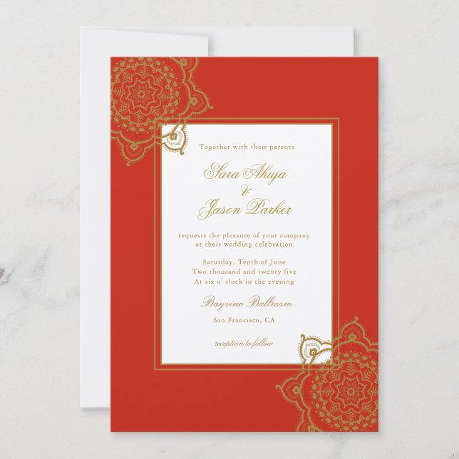 Invitación Elegante boda indio Red & Gold Mandala (Anverso)