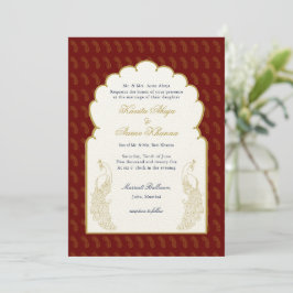 Invitación Elegante boda Indio Red & Gold Peacock