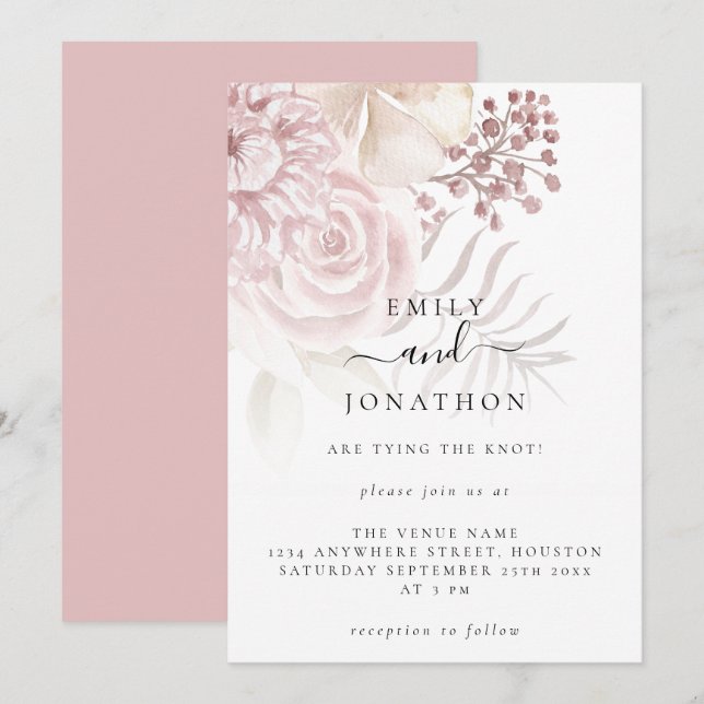 Invitación Elegante Boda informal de guiones de flores rosada (Anverso / Reverso)