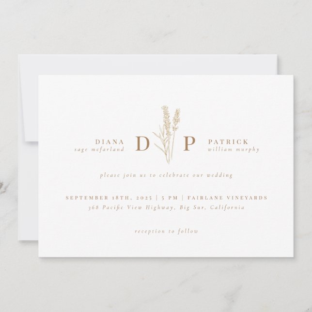 Invitación Elegante Boda inicial de flor silvestre moderna (Anverso)