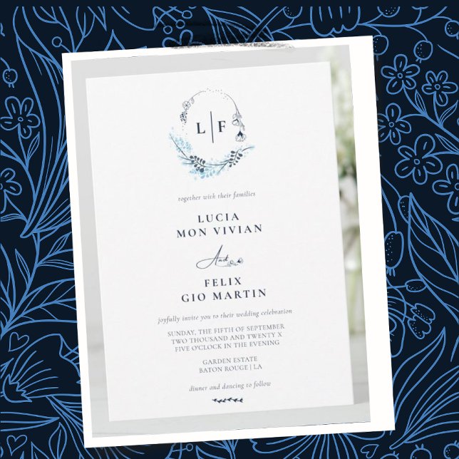 Invitación Elegante Boda inicial de Monograma Azul de la Mari (Subido por el creador)