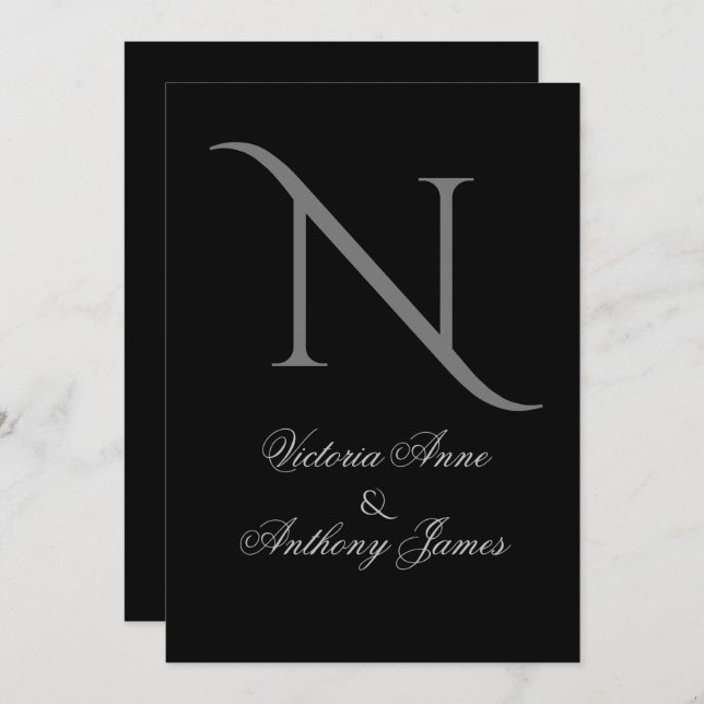 Invitación Elegante Boda inicial del Monograma Negro (Anverso / Reverso)