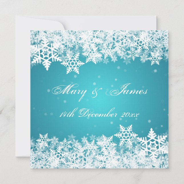 Invitación Elegante Boda Invierno Copos de Nieve Azul (Anverso)