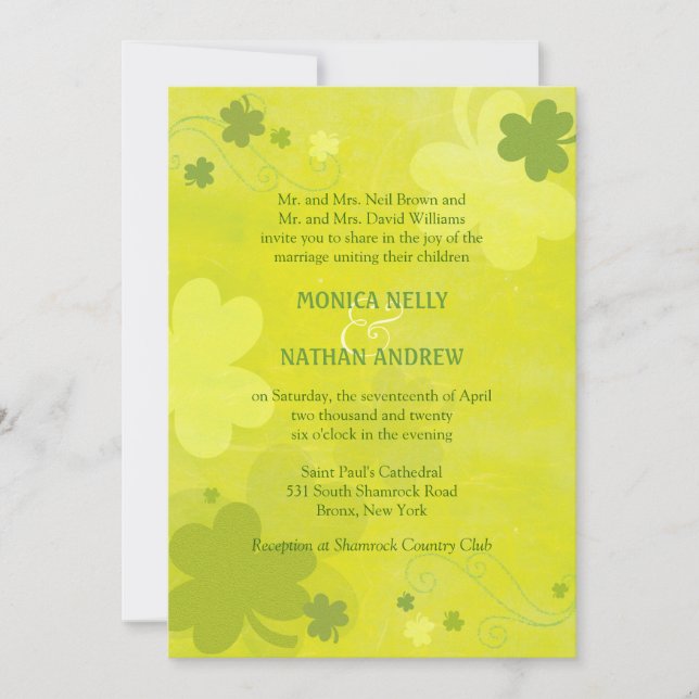 Invitación Elegante Boda irlandés verde Shamrock (Anverso)