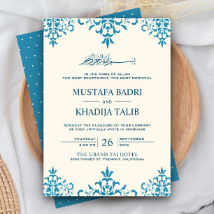 Invitación Elegante boda islámica en crema y azul damasco
