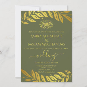 Invitación Elegante boda islámica en oro y verde musgo