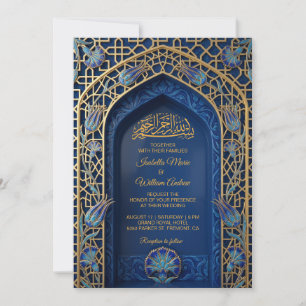Invitación Elegante Boda Islámica Mihrab Azul Dorado