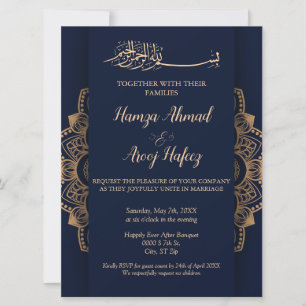 Invitación Elegante boda islámica musulmana azul y dorada