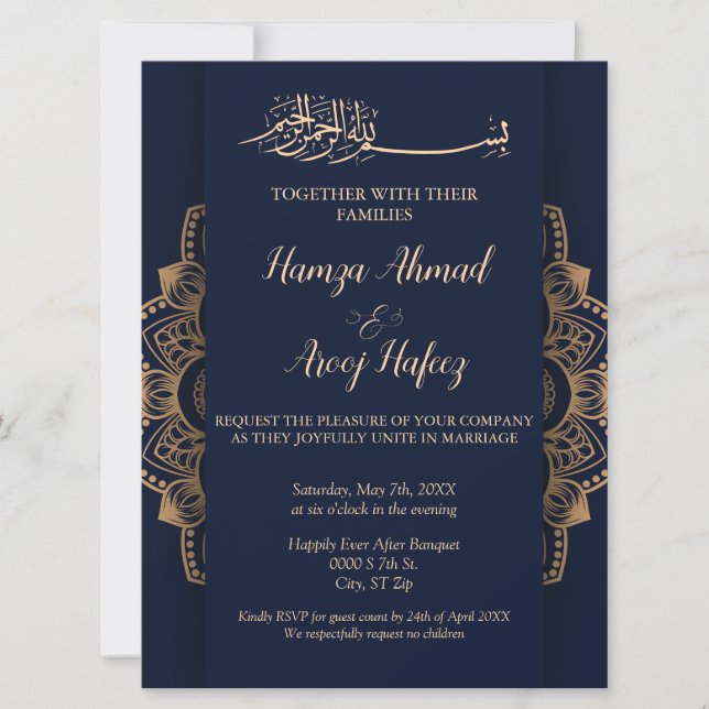 Invitación Elegante boda islámica musulmana azul y dorada (Anverso)