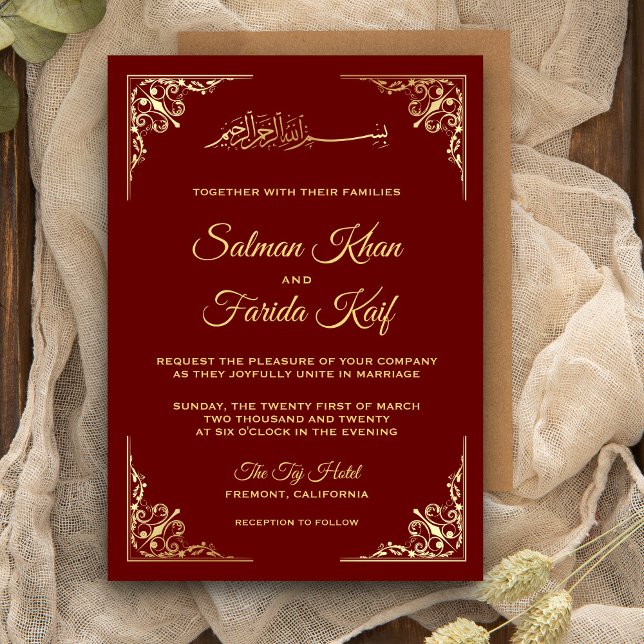 Invitación Elegante Boda Islámica Musulmana de Oro y Borgoña (Subido por el creador)