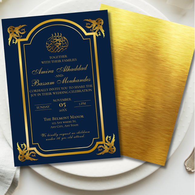 Invitación Elegante Boda islámico azul oscuro y oro (Subido por el creador)