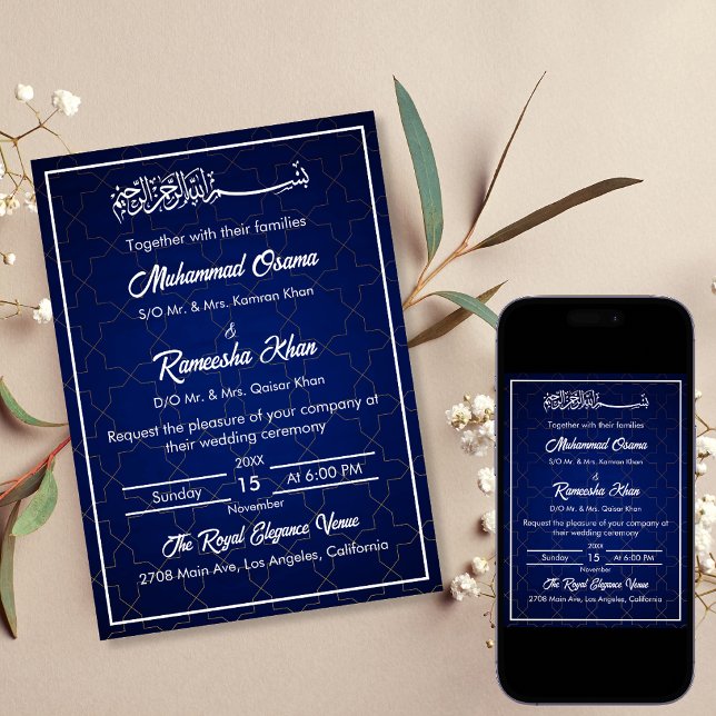 Invitación Elegante Boda islámico azul y blanco de la Marina (Subido por el creador)
