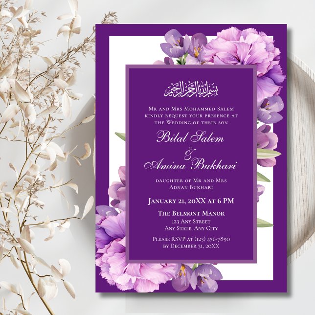 Invitación Elegante Boda islámico con flores moradas (Subido por el creador)