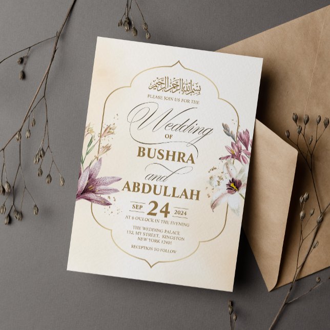 Invitación Elegante Boda islámico de escritura floral de oro  (Subido por el creador)