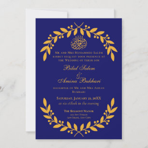 Invitación Elegante Boda islámico de la hoja de oro y azul