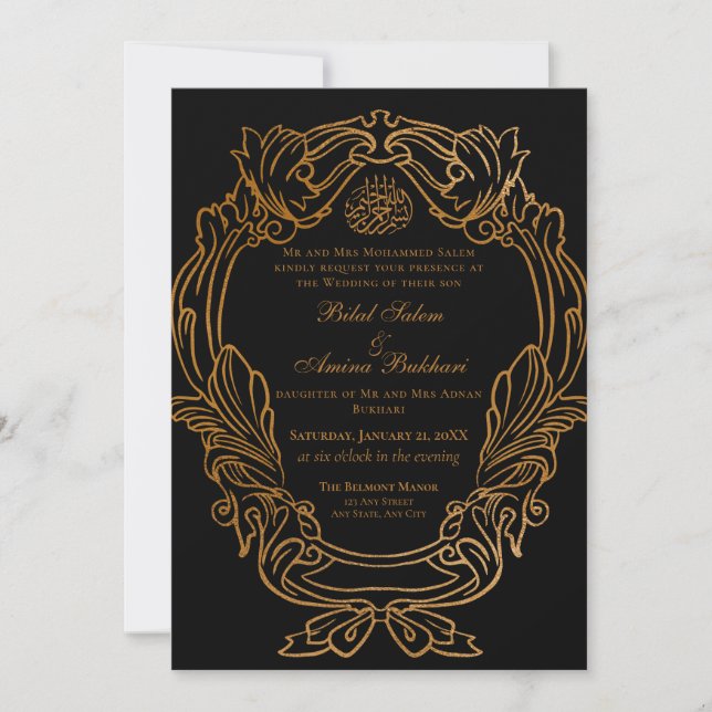 Invitación Elegante Boda islámico de marco dorado negro vinta (Anverso)