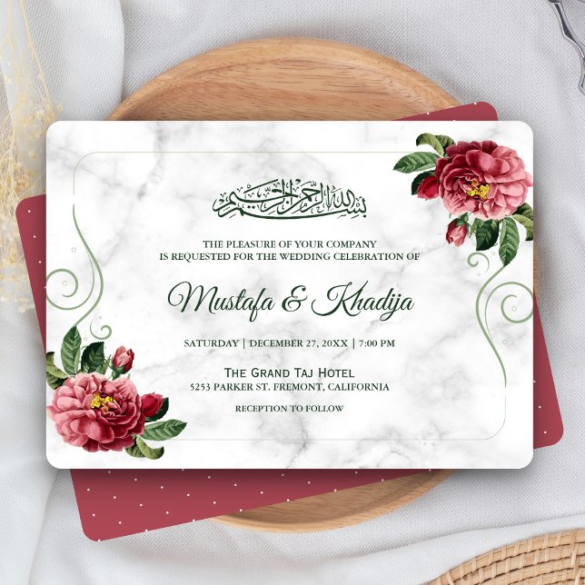 Invitación Elegante Boda islámico de mármol floral rosa (Subido por el creador)