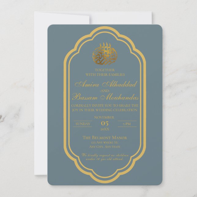 Invitación Elegante Boda islámico de pizarra azul y oro (Anverso)