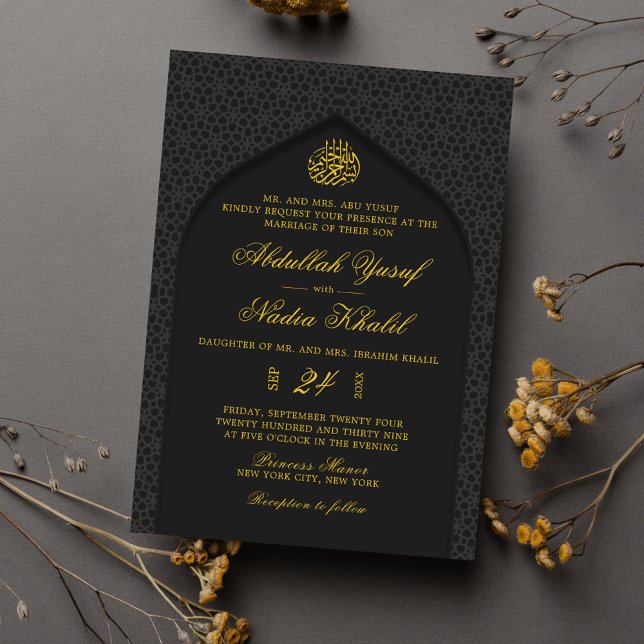Invitación Elegante Boda islámico de Walima negro y amarillo (Subido por el creador)