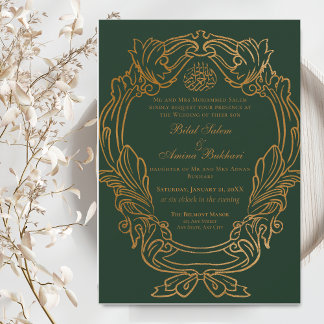 Invitación Elegante Boda islámico del marco de oro verde vint