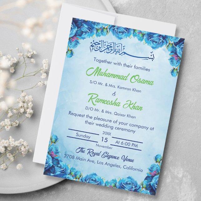Invitación Elegante Boda islámico floral azul y verde (Subido por el creador)