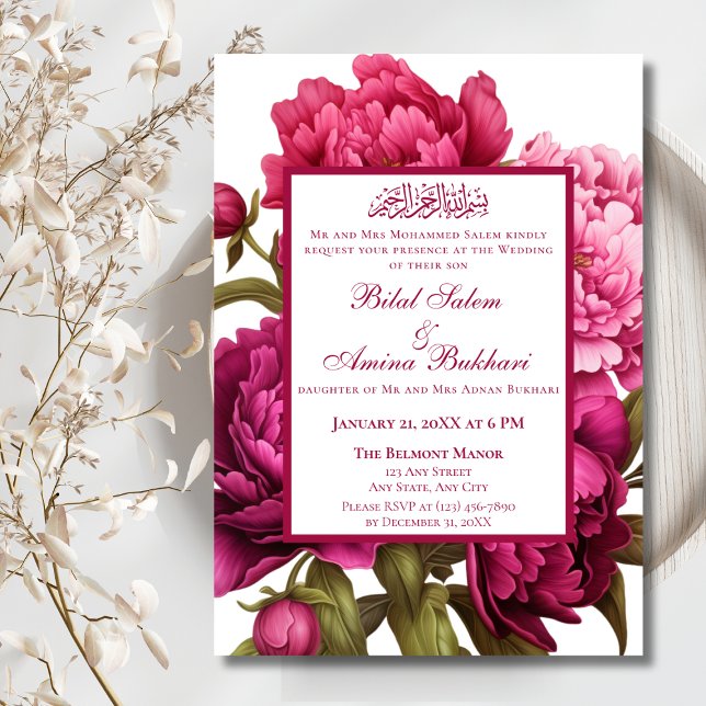 Invitación Elegante Boda islámico floral de Peonies rosados (Subido por el creador)