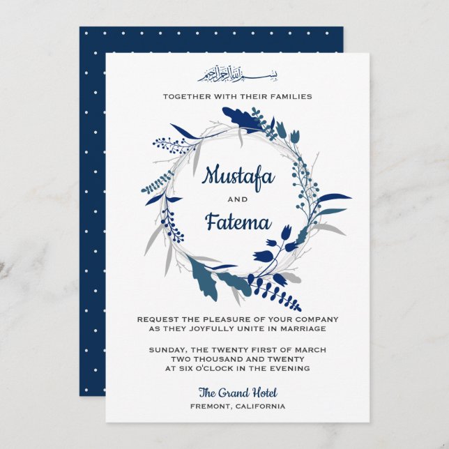 Invitación Elegante Boda islámico floral floral azul (Anverso / Reverso)
