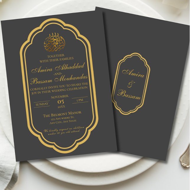 Invitación Elegante Boda islámico gris oscuro y oro (Subido por el creador)