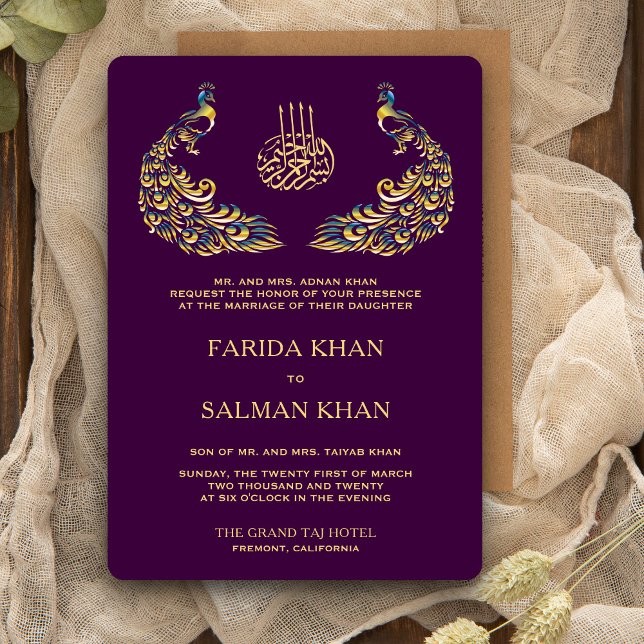 Invitación Elegante Boda islámico morado y pavo real de oro (Subido por el creador)