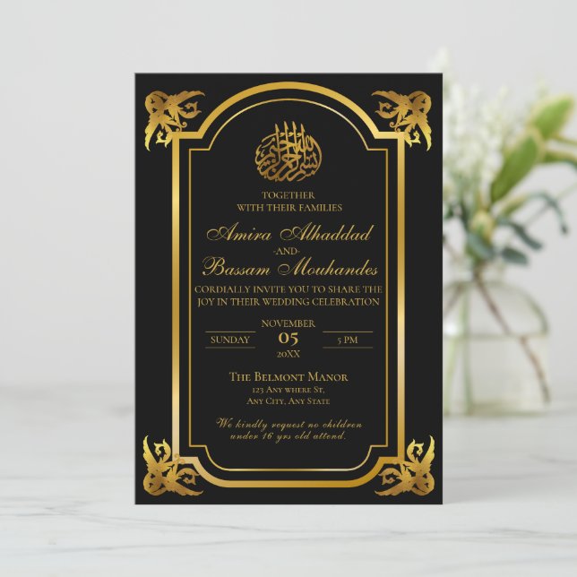 Invitación Elegante Boda islámico negro y oro (Anverso de pie)