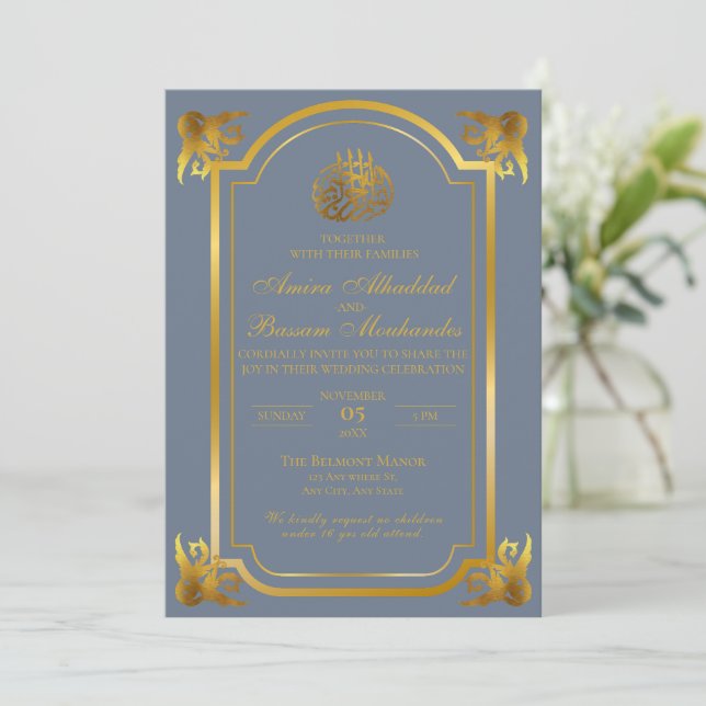 Invitación Elegante Boda islámico pizarra azul y oro (Anverso de pie)