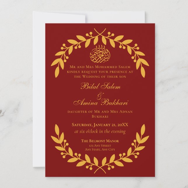 Invitación Elegante Boda islámico rojo y hoja de oro (Anverso)