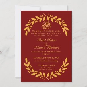Invitación Elegante Boda islámico rojo y hoja de oro