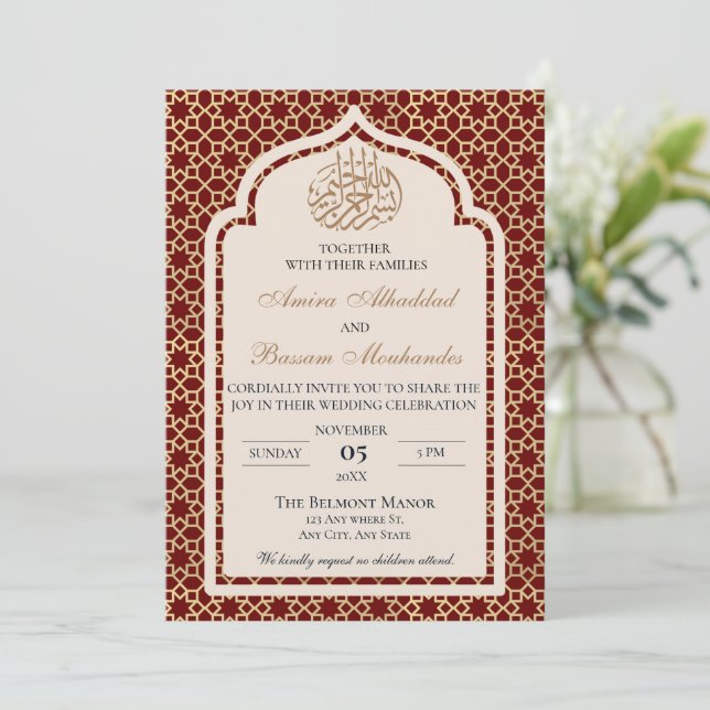 Invitación Elegante Boda Islámico Rojo y Oro (Anverso de pie)