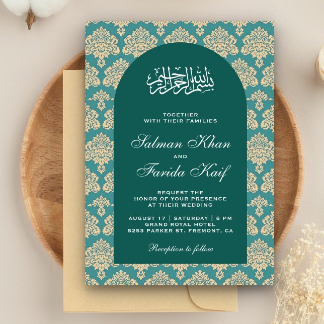 Invitación Elegante Boda islámico Verde azulado Damask Arabia (Subido por el creador)
