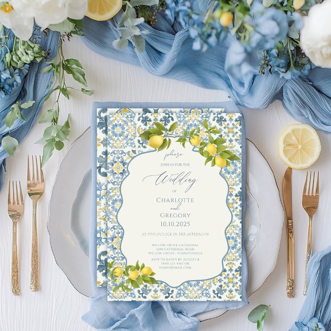 Invitación Elegante Boda italiano de limón azul en mosaico (Subido por el creador)