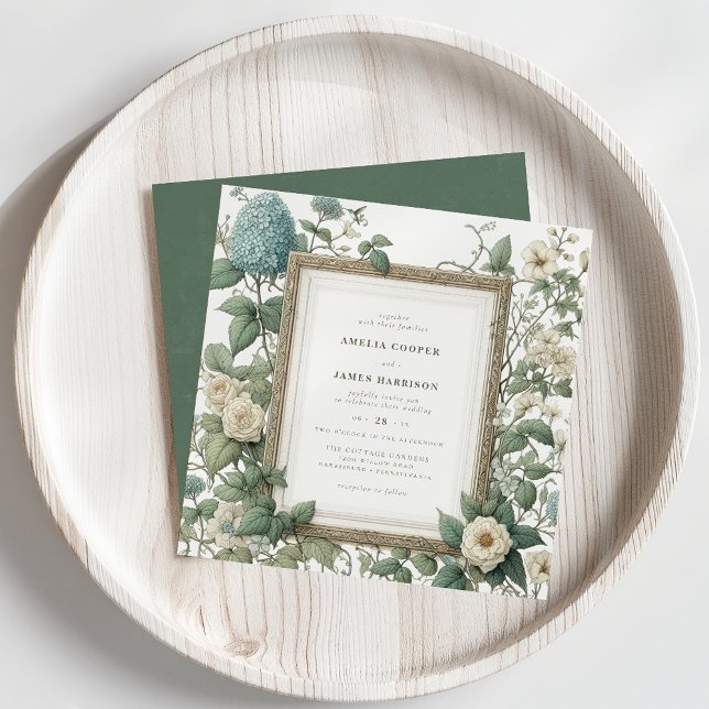 Invitación Elegante Boda Jardín de Primavera (Vintage botanical wedding invitation on a pale wood background.)