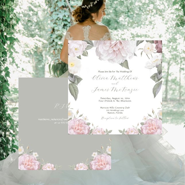 Invitación Elegante boda jardín de rosas rosadas con RSVP (Elegant Pink Roses Garden Wedding With RSVP Invitation)