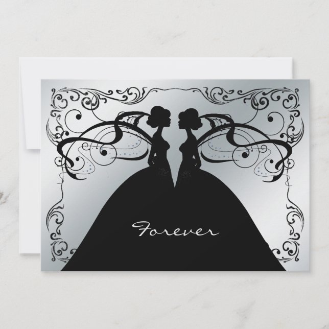 Invitación Elegante Boda lesbiana gay negro y plateado invita (Anverso)