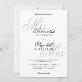 Invitación Elegante boda lesbiana purpurina de plata clásica
