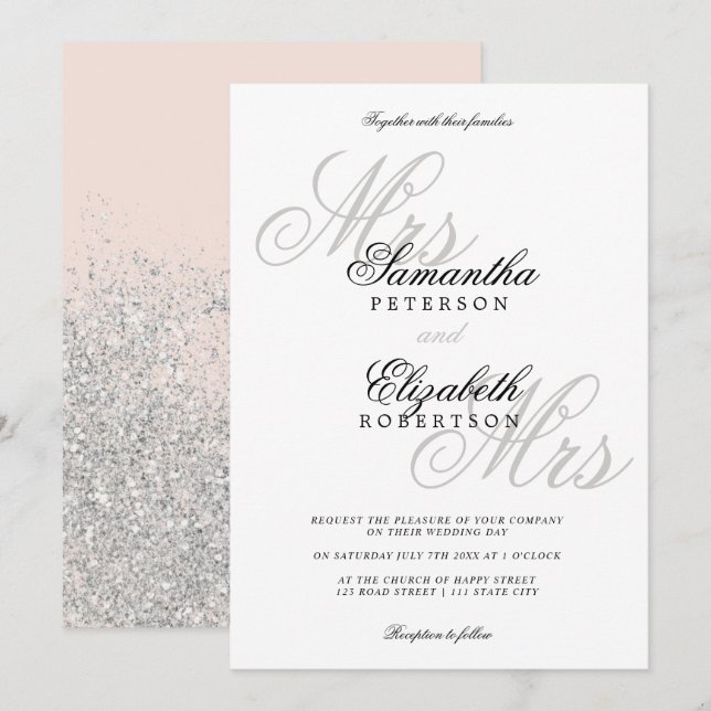 Invitación Elegante boda lesbiana purpurina de plata clásica (Anverso / Reverso)