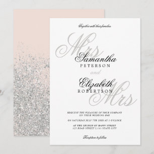 Invitación Elegante boda lesbiana purpurina de plata clásica